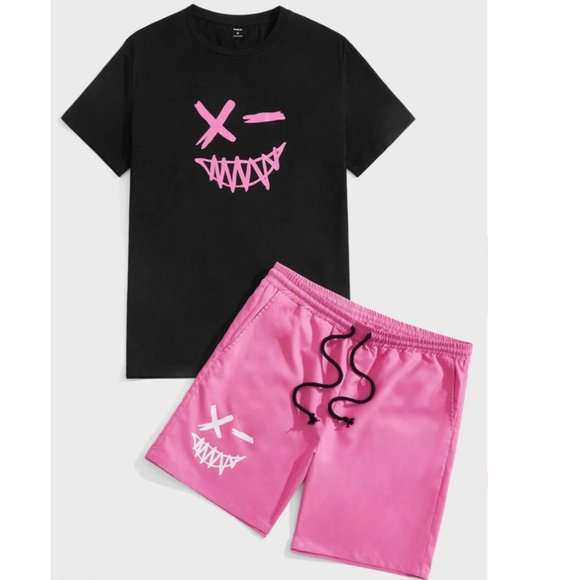 SHEIN Other - SHEIN Men Cartoon Graphic Top & Shorts Set in Black / Pink Size S (36) NWOT